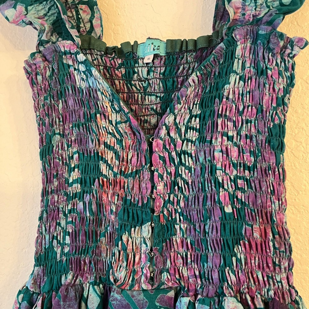Sika Traci Smocked Maxi Dress 6 Leaf Print Tropical Resort Vacation Cotton Teal - Picture 9 of 16
